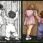 Daddy's Home Doubled: Black, White and Color
Inked drawing next to a watercolor painting of two children watching at the door for their daddy. 